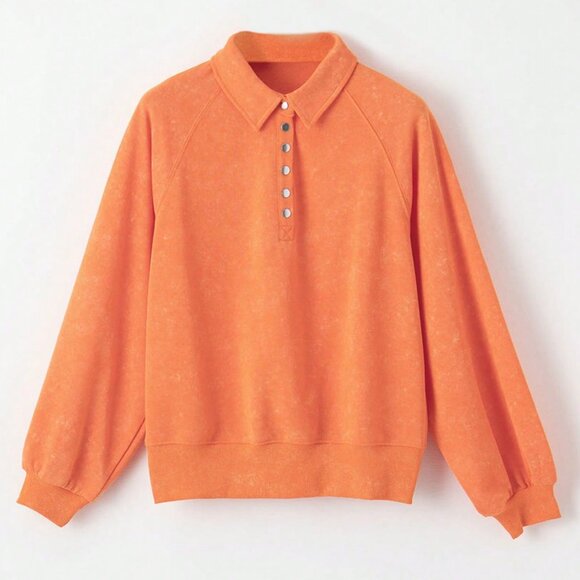 Orange Casual Women's Lantern Sleeve Button Half Placket Loose Sweatshirt - Picture 6 of 11
